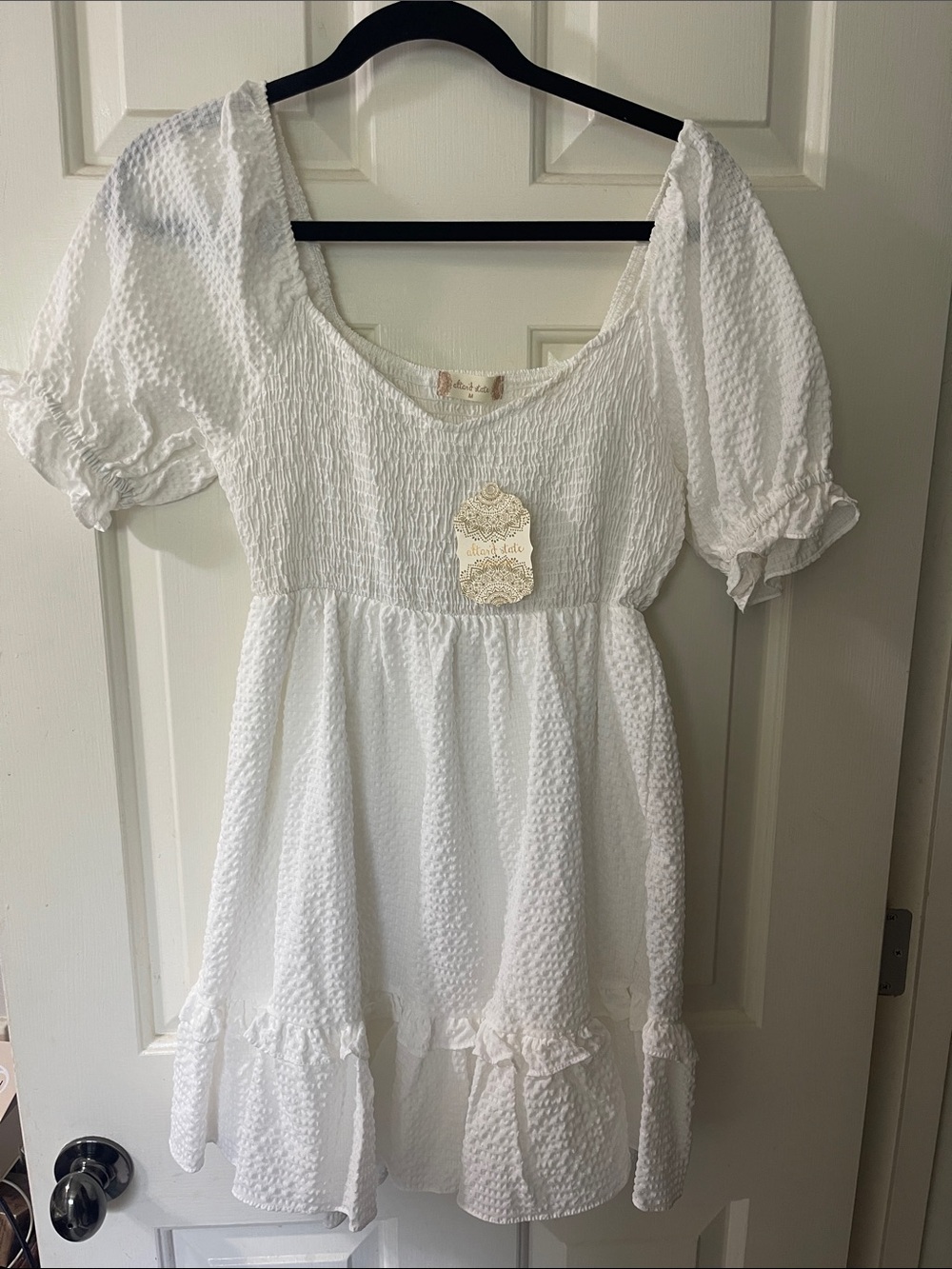 Altar'd State White Textured Smocked Puff-Sleeve Dress